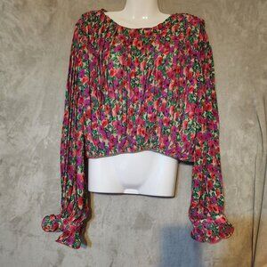 Endless Rose Womens Floral Pleated Bubbled‎ Top Long Sleeve
